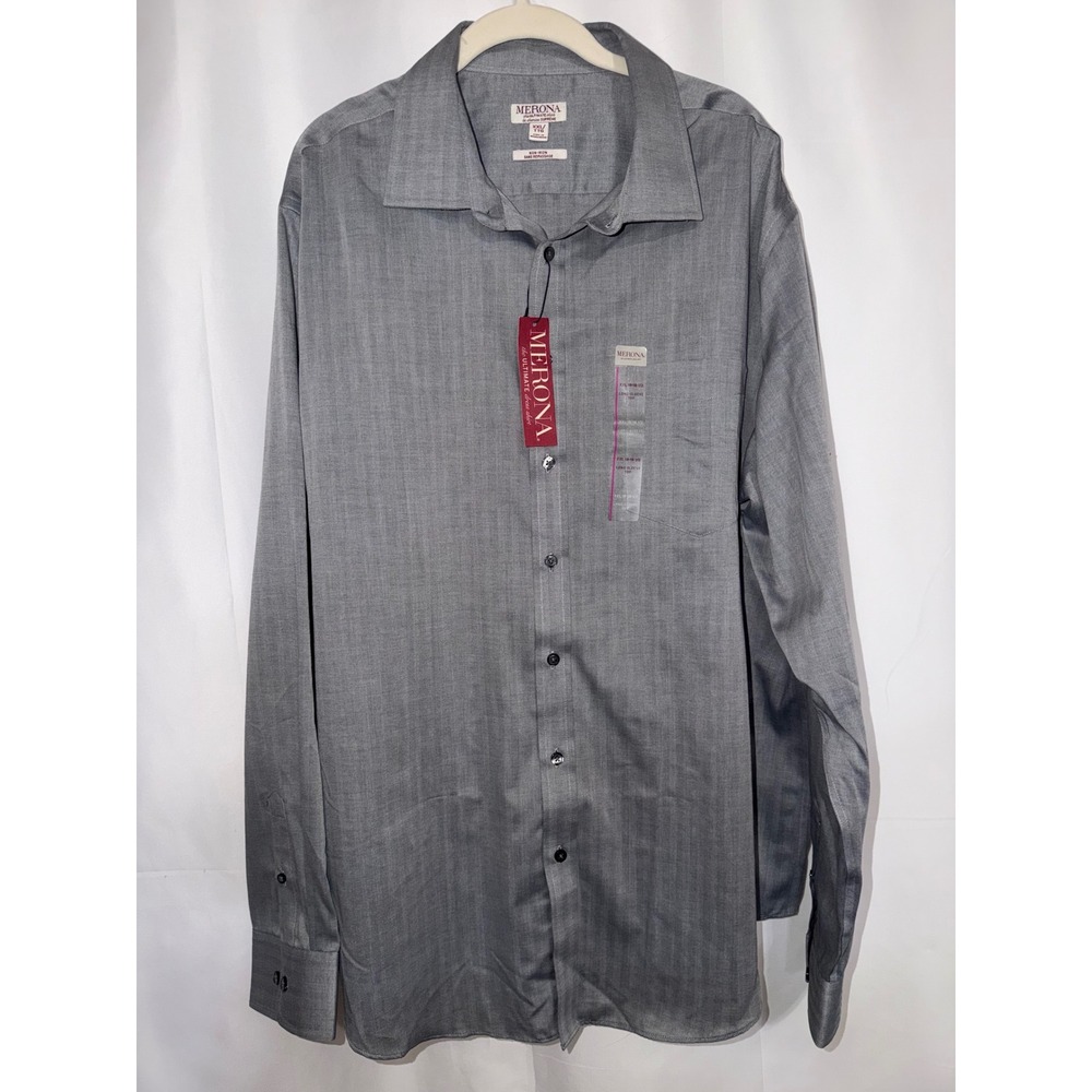 NWT - Merona Mens Grey Herringbone Non-Iron Dress Shirt XXL‎ 18-18.5 Long Sleeve